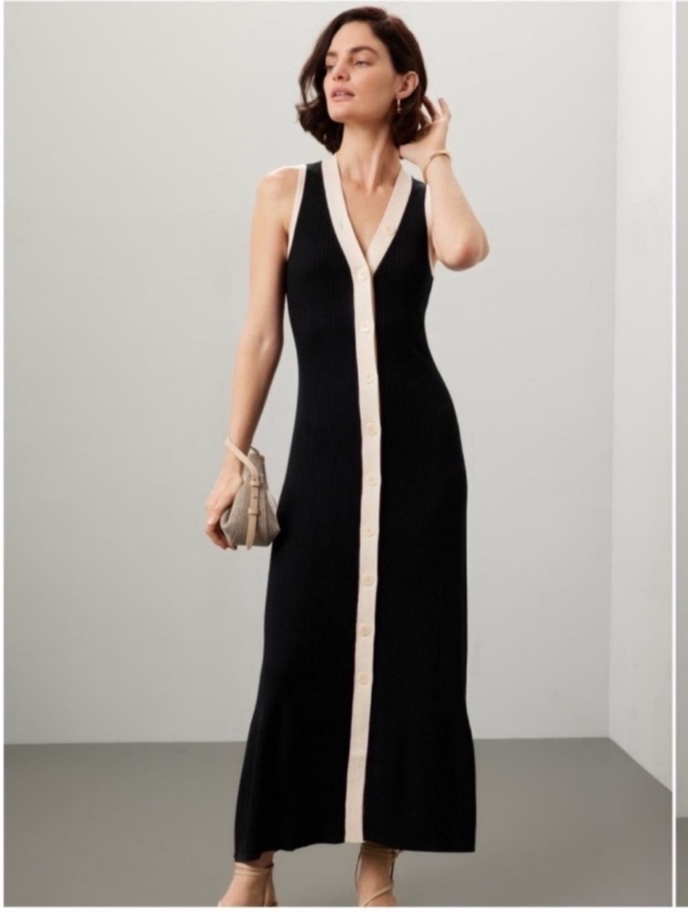 Sandro Black Maxi Dress with Cream Button Trim